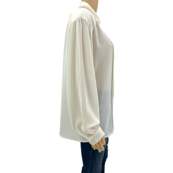 Alicia (18) VINTAGE 80s Cream Semi-Sheer Pleated Embroidered Blouse Top Shirt - Picture 3 of 11